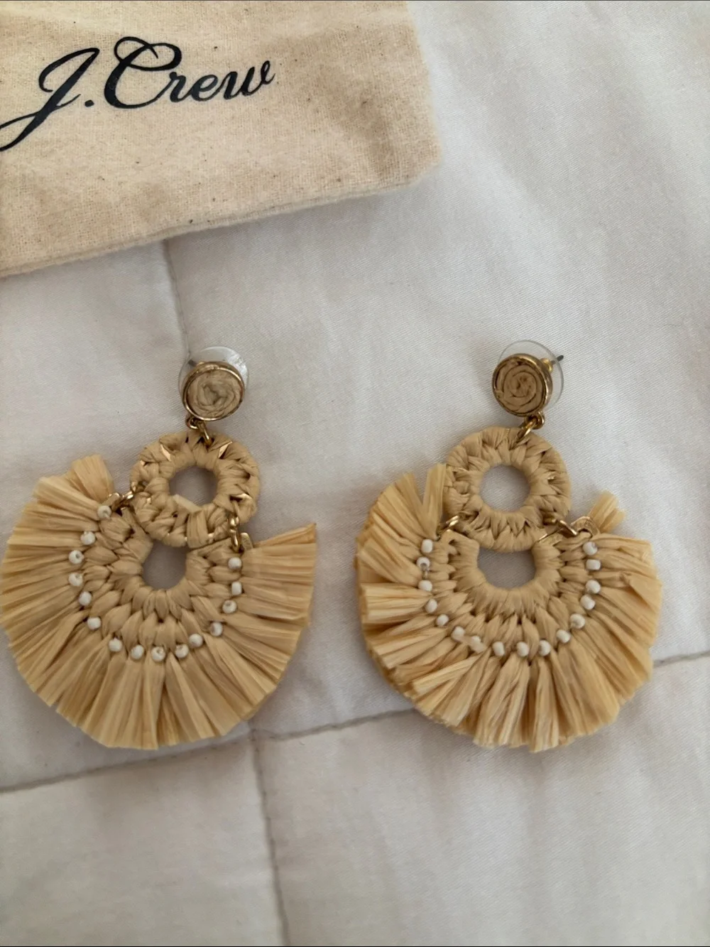 J. Crew Natural Raffia Fringe Drop Earrings